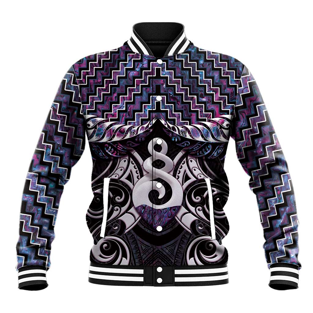 New Zealand Maori Baseball Jacket Poutama Pikorua Purple Paua Shell LT05 - Vibe Hoodie Shop