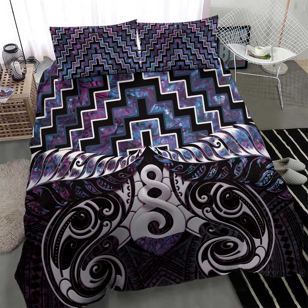 New Zealand Maori Bedding Set Poutama Pikorua Purple Paua Shell LT05 - Vibe Hoodie Shop