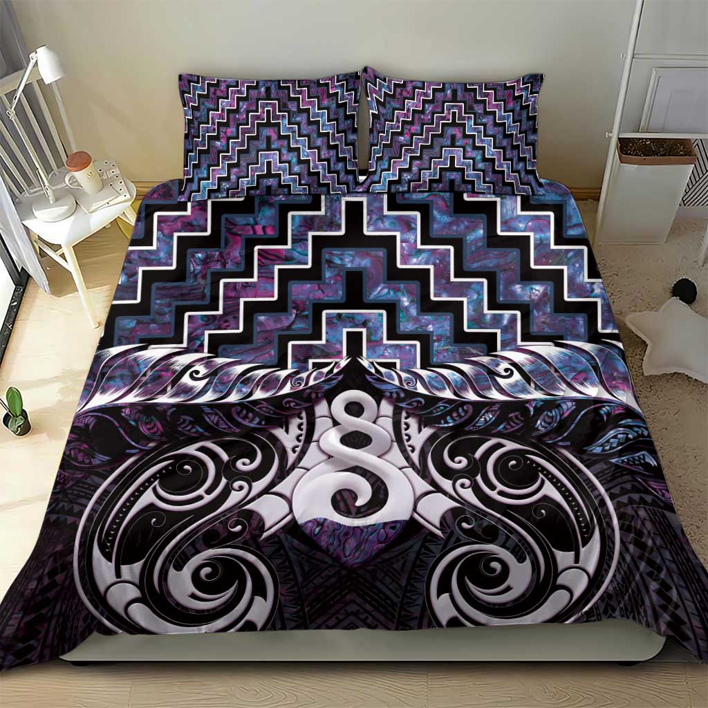 New Zealand Maori Bedding Set Poutama Pikorua Purple Paua Shell LT05 - Vibe Hoodie Shop