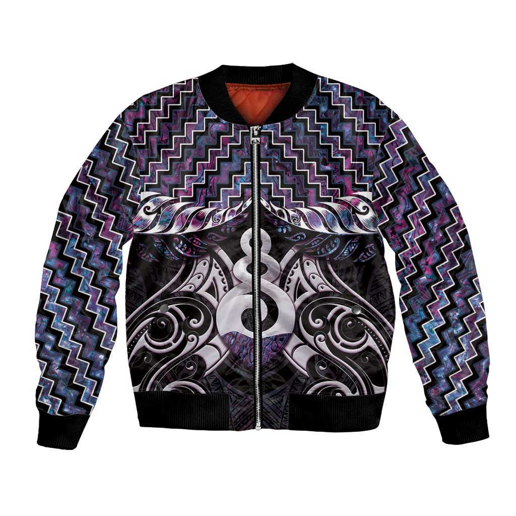 New Zealand Maori Bomber Jacket Poutama Pikorua Purple Paua Shell LT05 - Vibe Hoodie Shop