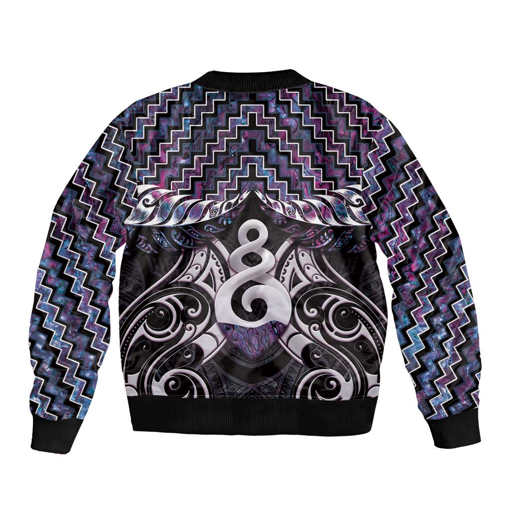 New Zealand Maori Bomber Jacket Poutama Pikorua Purple Paua Shell LT05 - Vibe Hoodie Shop