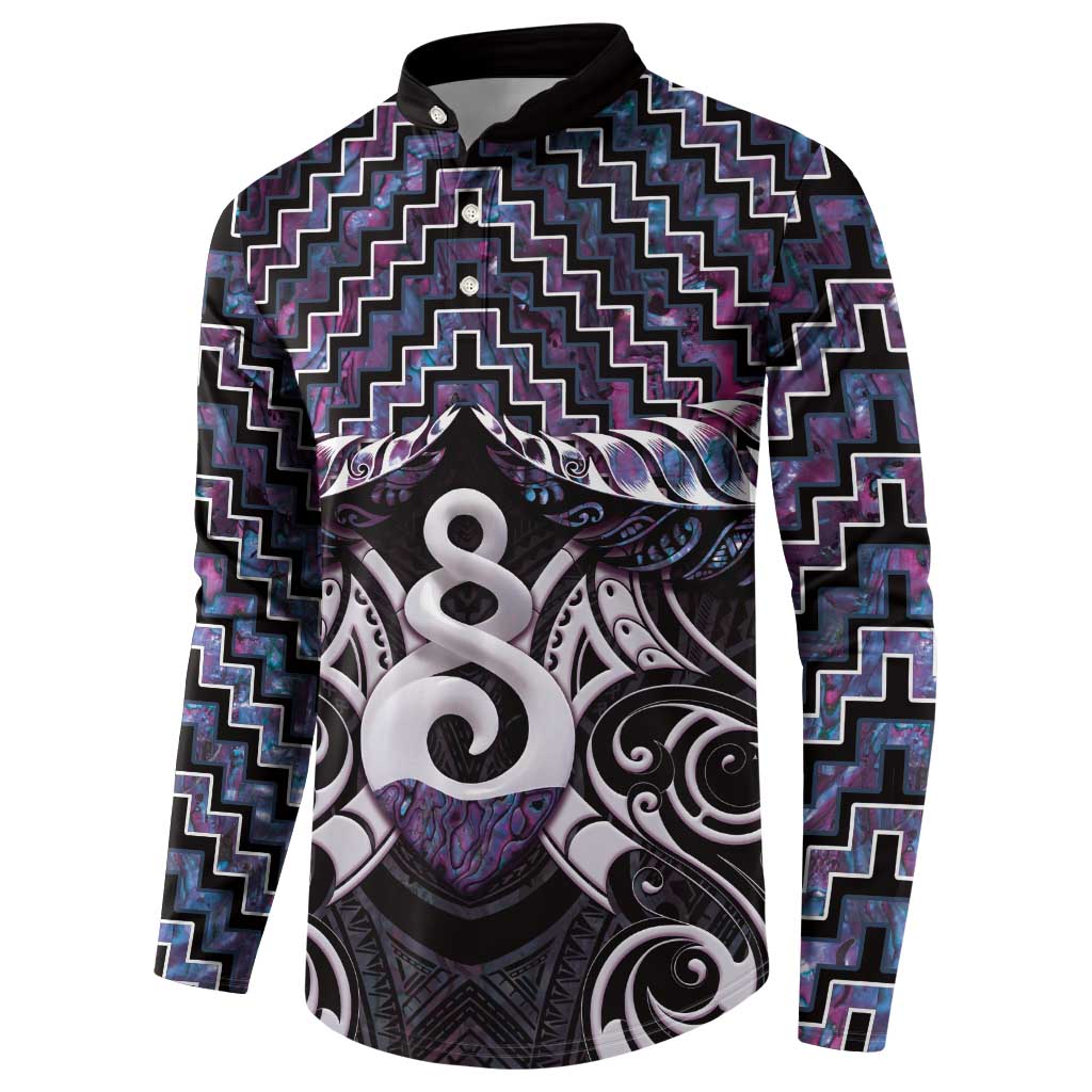 New Zealand Maori Button Sweatshirt Poutama Pikorua Purple Paua Shell