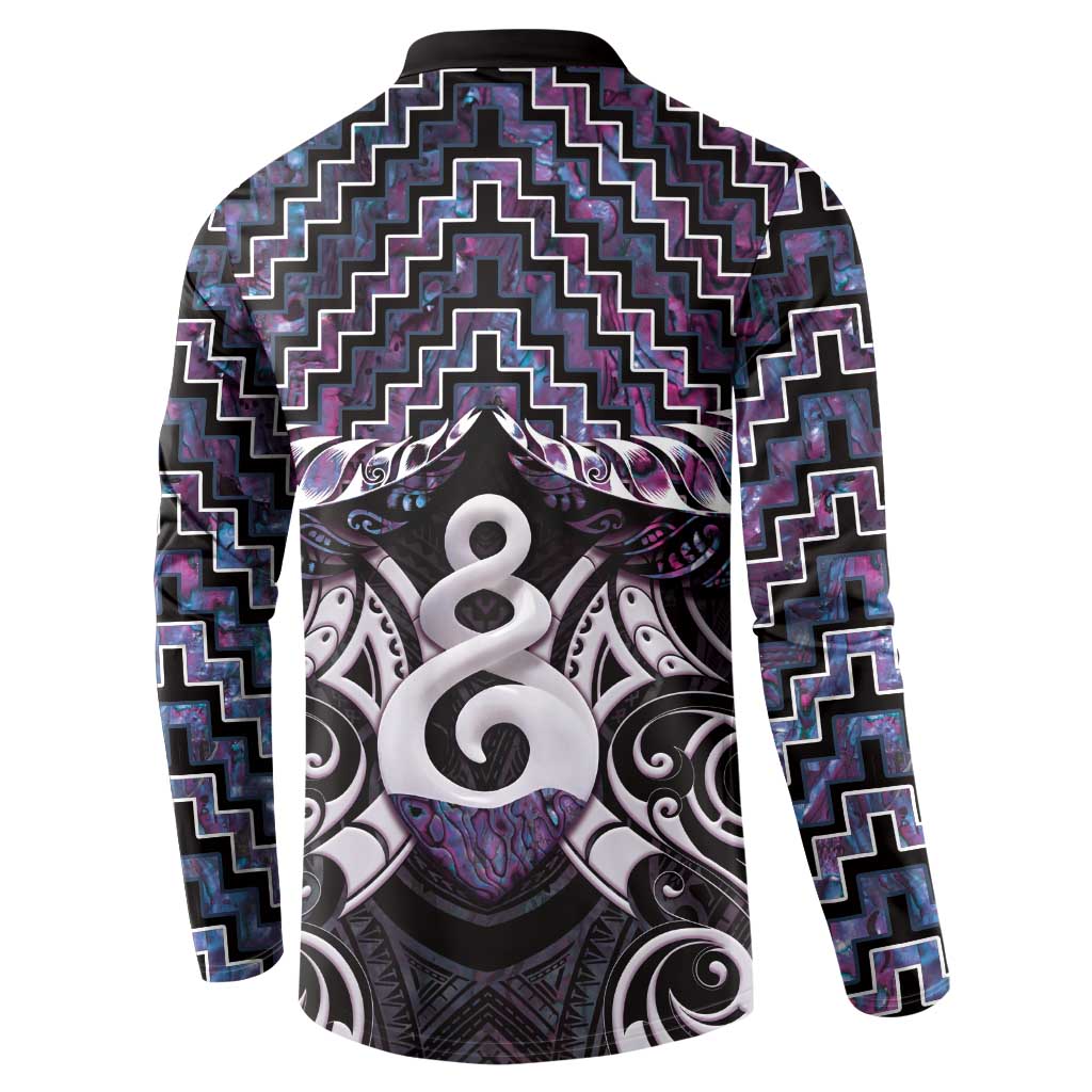 New Zealand Maori Button Sweatshirt Poutama Pikorua Purple Paua Shell