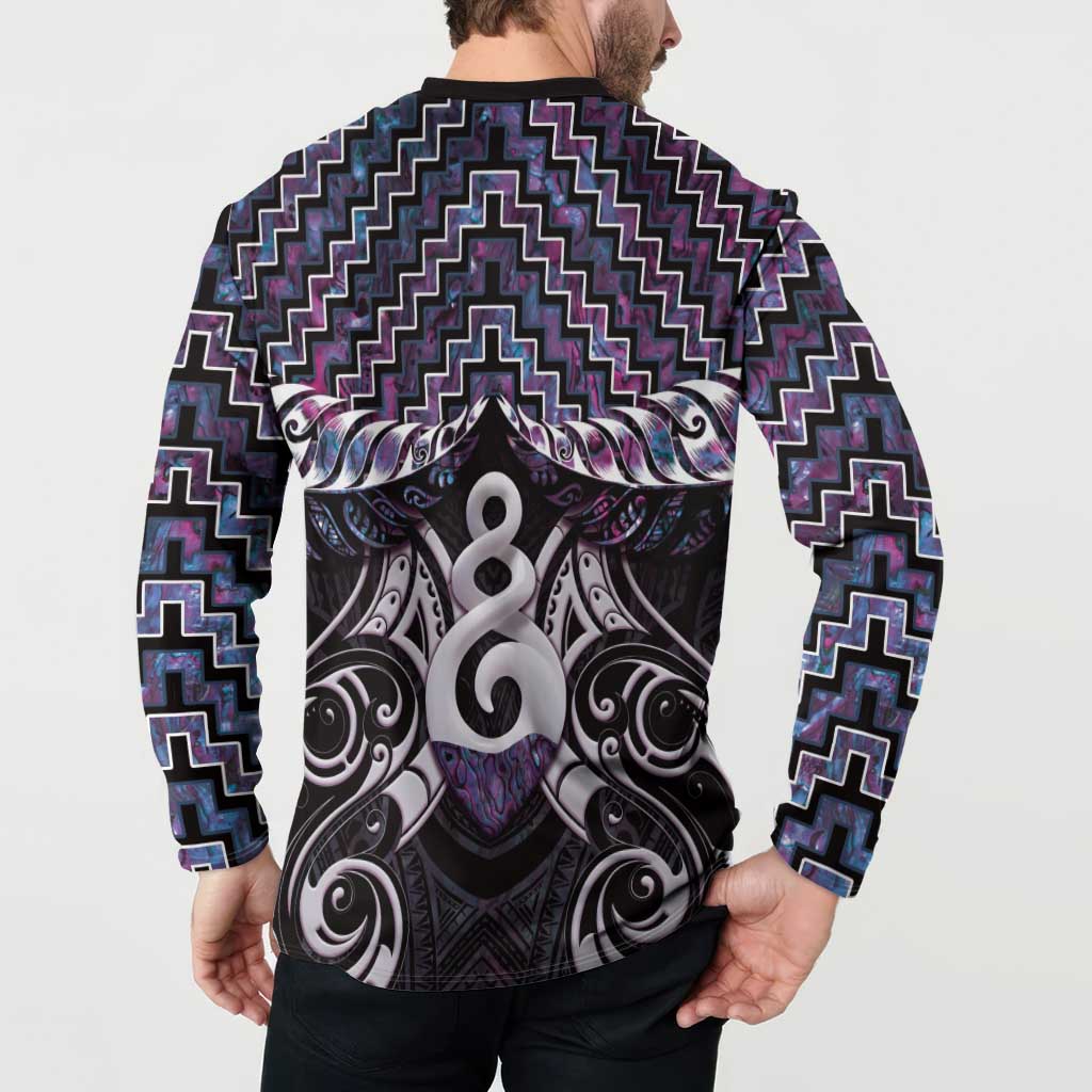 New Zealand Maori Button Sweatshirt Poutama Pikorua Purple Paua Shell