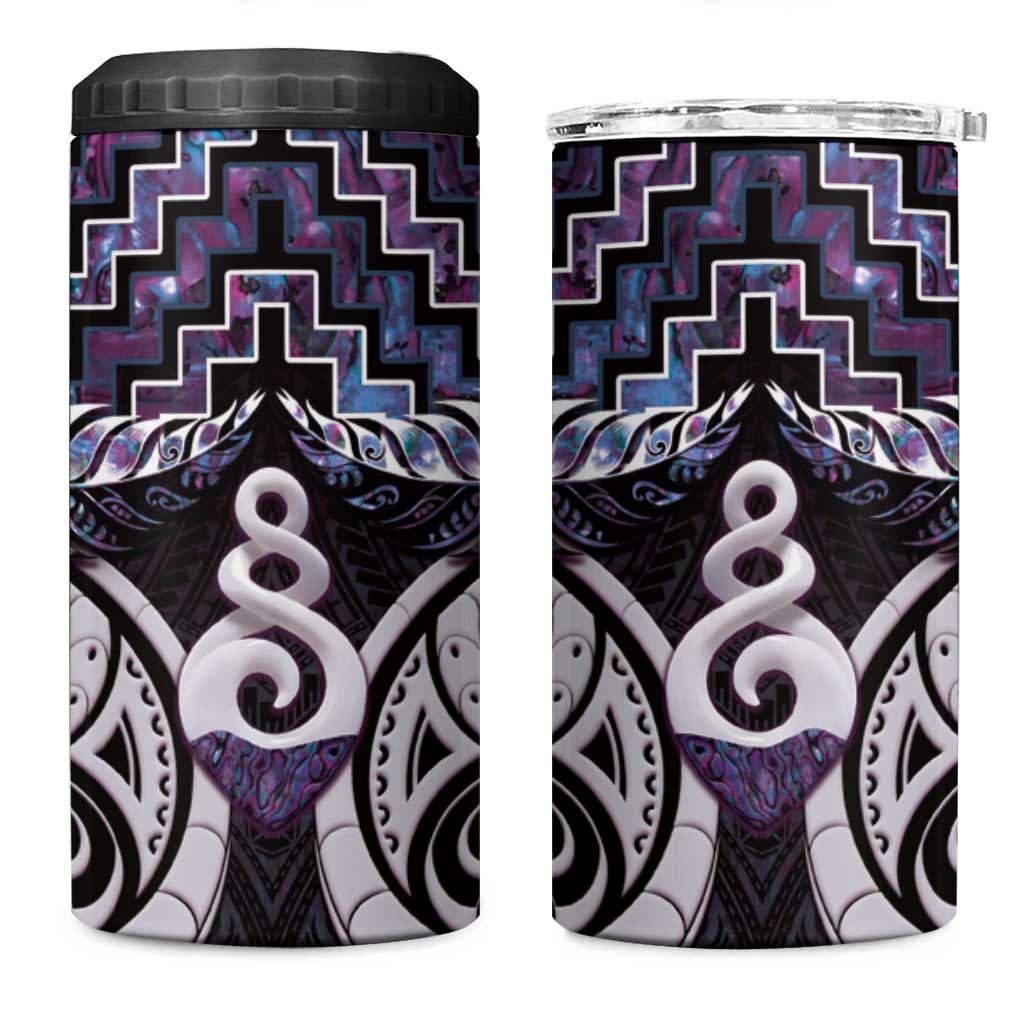 New Zealand Maori 4 in 1 Can Cooler Tumbler Poutama Pikorua Purple Paua Shell