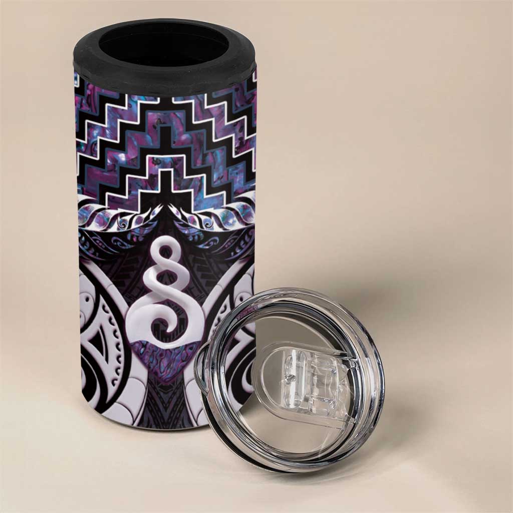 New Zealand Maori 4 in 1 Can Cooler Tumbler Poutama Pikorua Purple Paua Shell