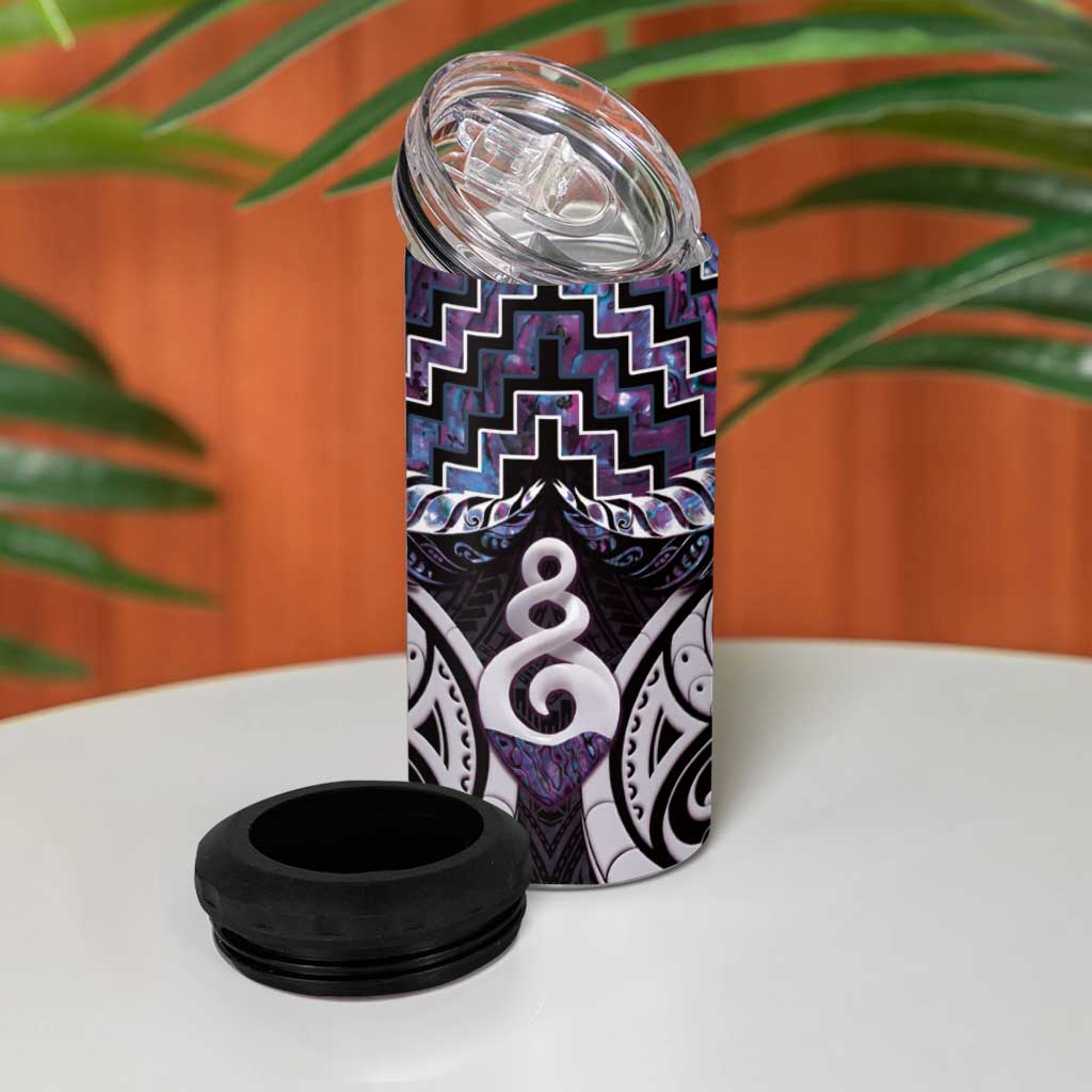 New Zealand Maori 4 in 1 Can Cooler Tumbler Poutama Pikorua Purple Paua Shell