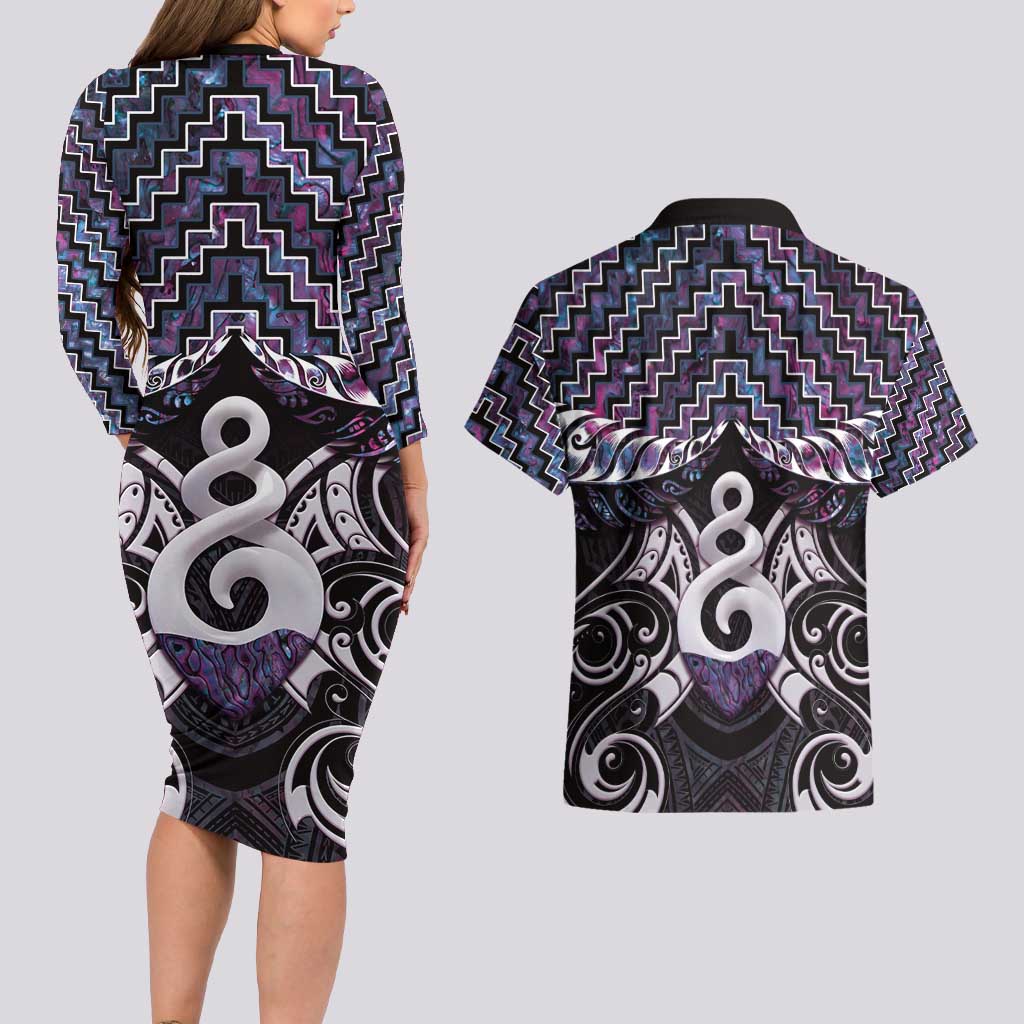 New Zealand Maori Couples Matching Long Sleeve Bodycon Dress and Hawaiian Shirt Poutama Pikorua Purple Paua Shell