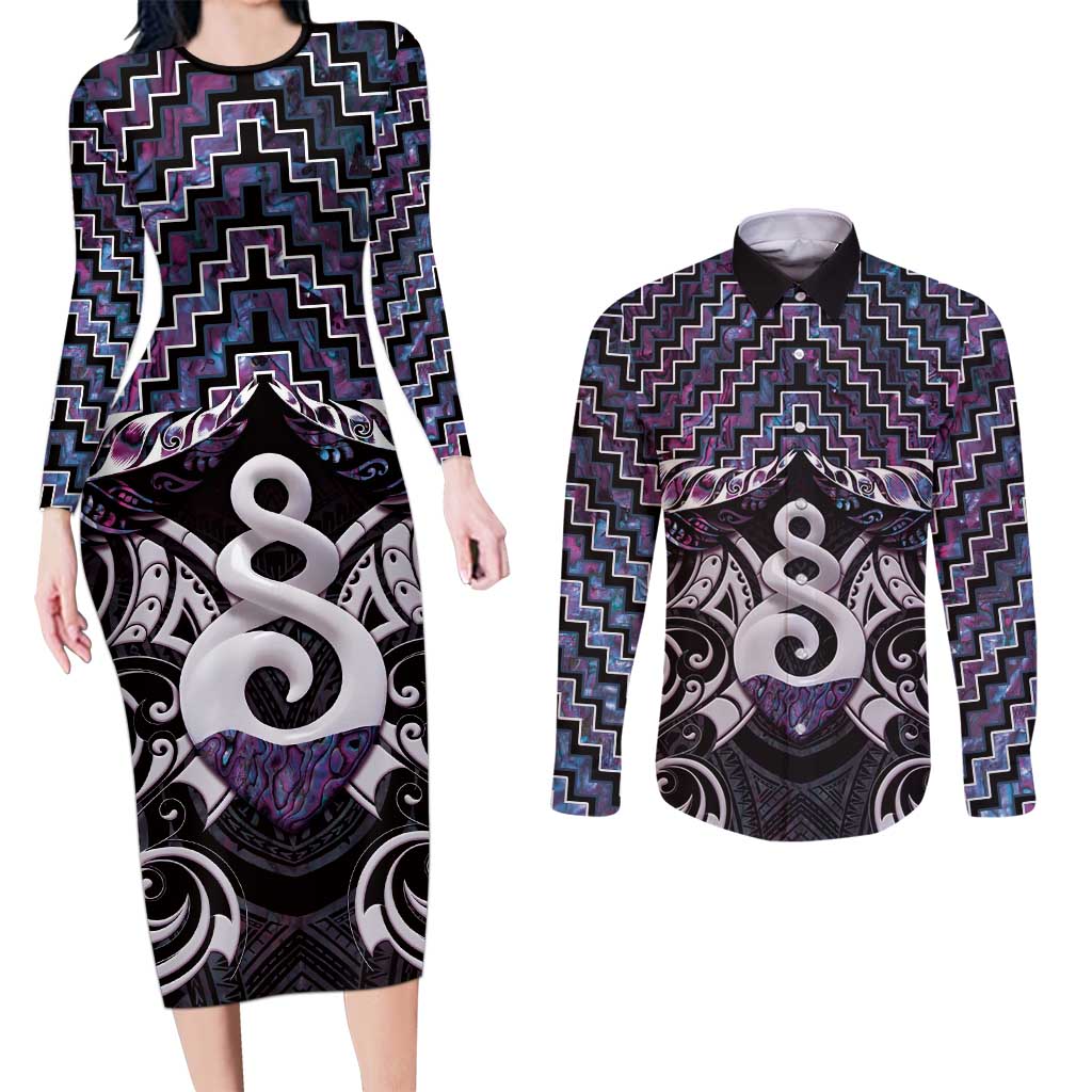 New Zealand Maori Couples Matching Long Sleeve Bodycon Dress and Long Sleeve Button Shirt Poutama Pikorua Purple Paua Shell