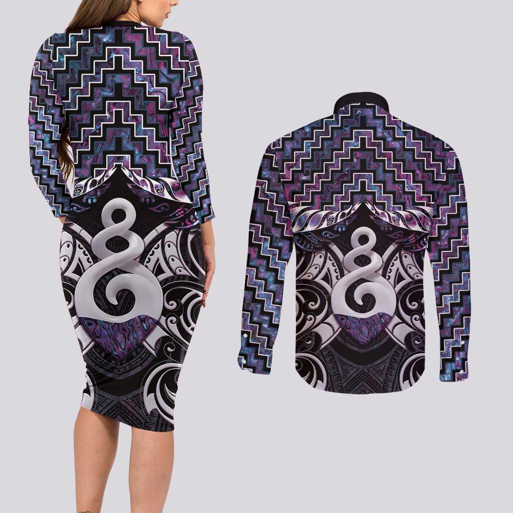 New Zealand Maori Couples Matching Long Sleeve Bodycon Dress and Long Sleeve Button Shirt Poutama Pikorua Purple Paua Shell