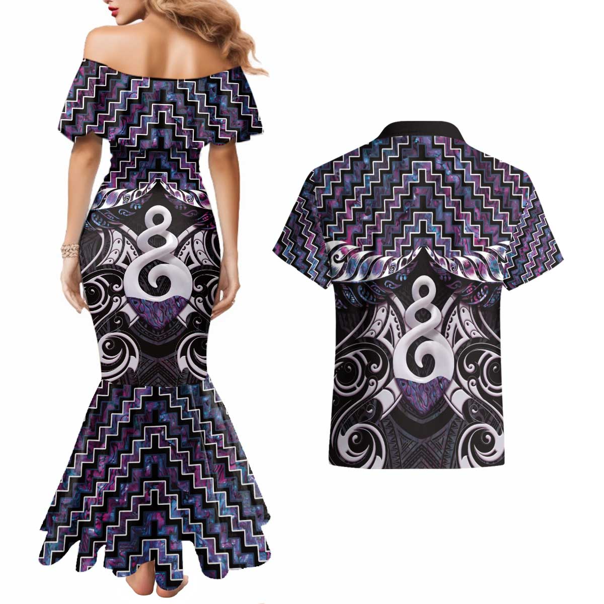 New Zealand Maori Couples Matching Mermaid Dress and Hawaiian Shirt Poutama Pikorua Purple Paua Shell