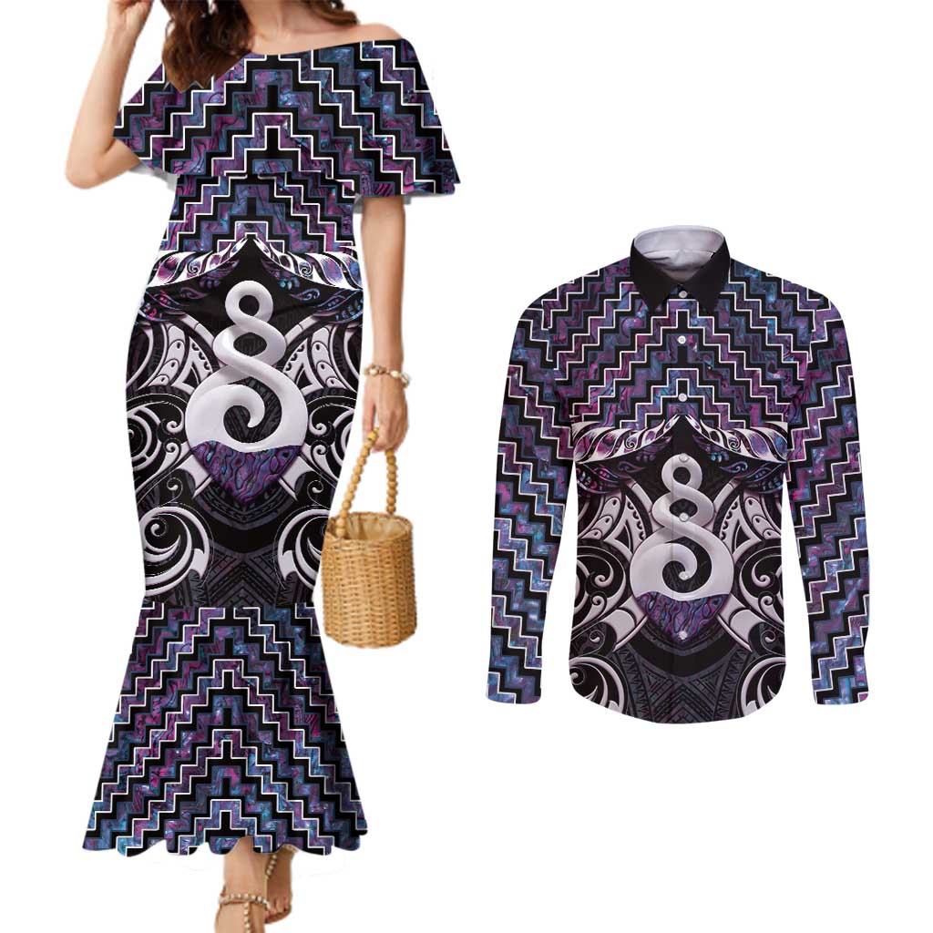 New Zealand Maori Couples Matching Mermaid Dress and Long Sleeve Button Shirt Poutama Pikorua Purple Paua Shell