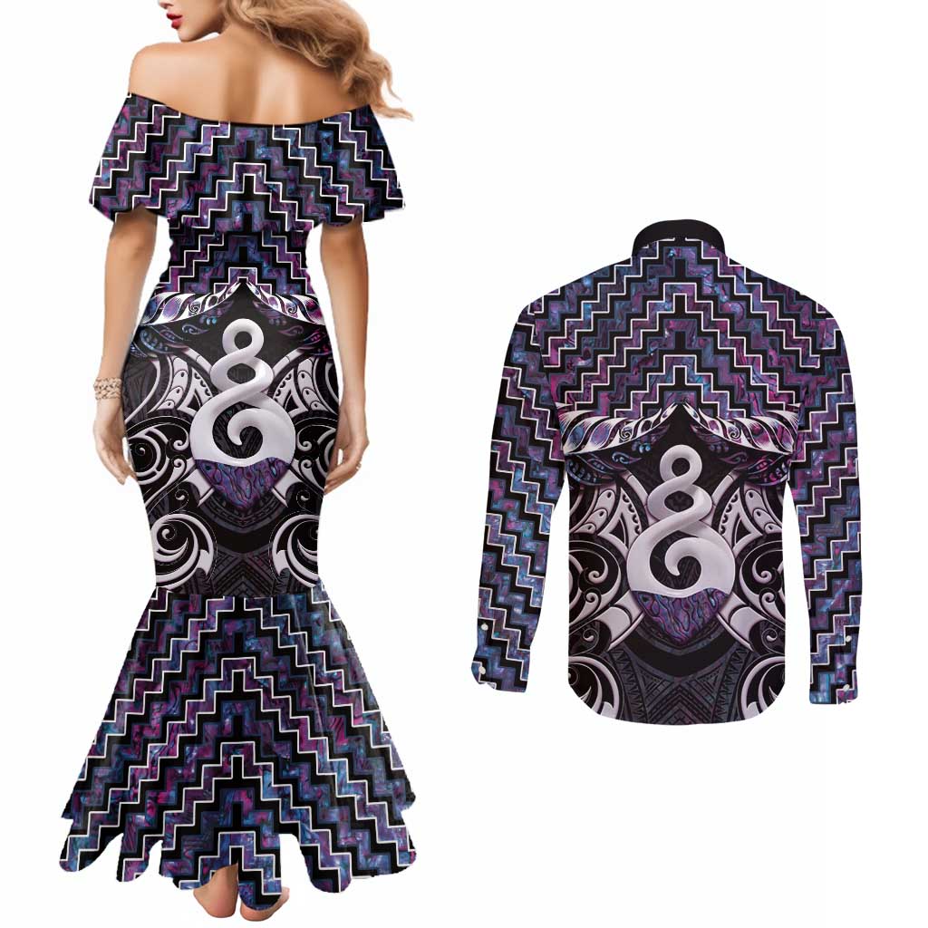 New Zealand Maori Couples Matching Mermaid Dress and Long Sleeve Button Shirt Poutama Pikorua Purple Paua Shell