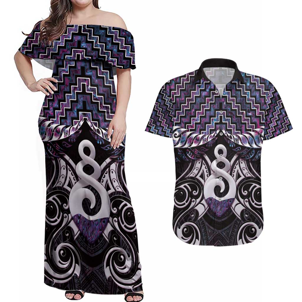 New Zealand Maori Couples Matching Off Shoulder Maxi Dress and Hawaiian Shirt Poutama Pikorua Purple Paua Shell