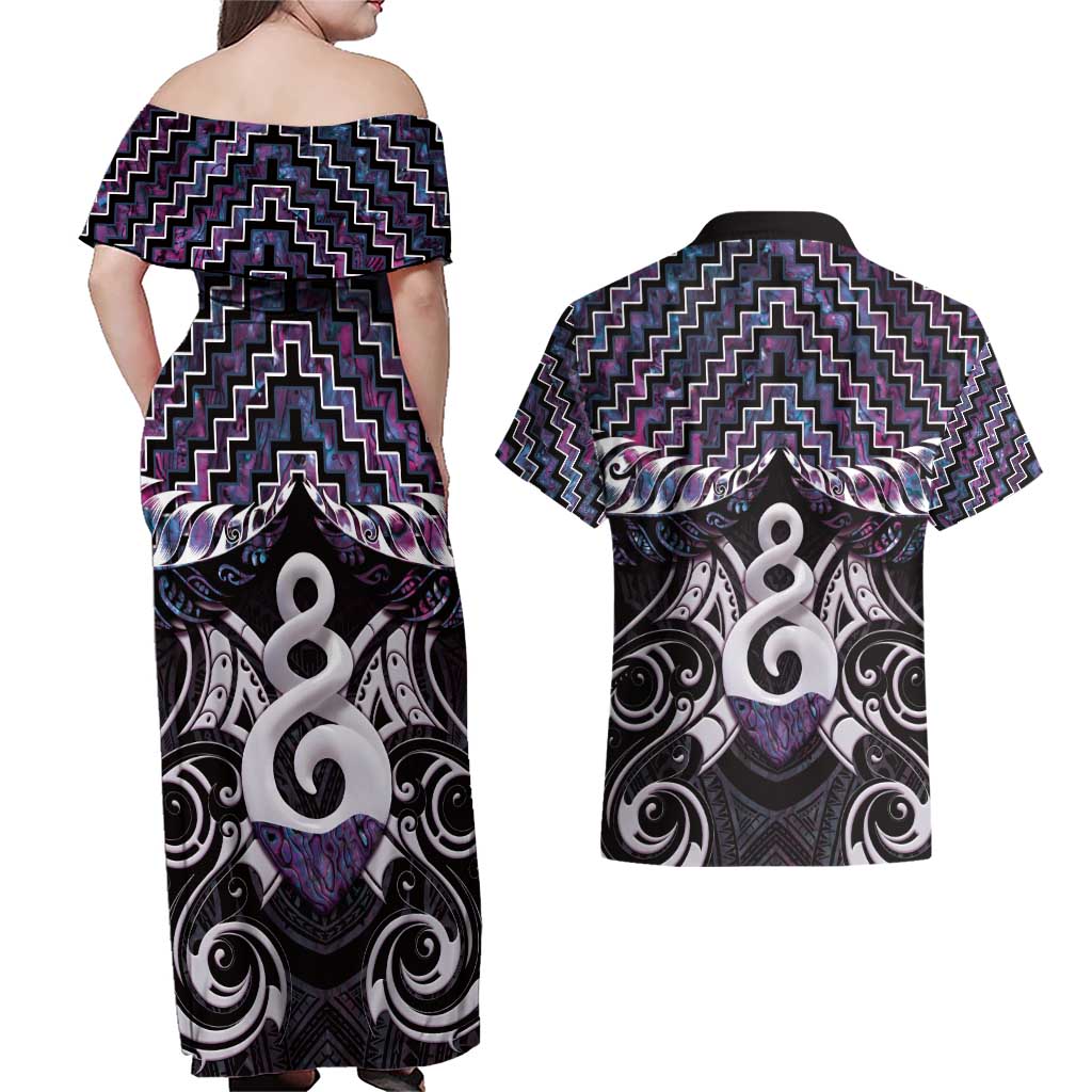 New Zealand Maori Couples Matching Off Shoulder Maxi Dress and Hawaiian Shirt Poutama Pikorua Purple Paua Shell