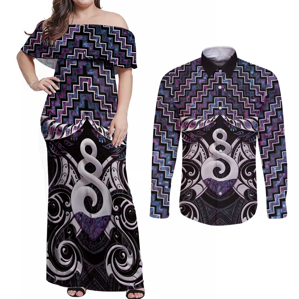 New Zealand Maori Couples Matching Off Shoulder Maxi Dress and Long Sleeve Button Shirt Poutama Pikorua Purple Paua Shell