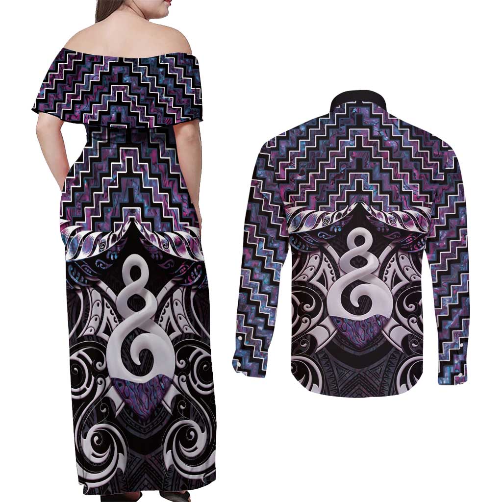 New Zealand Maori Couples Matching Off Shoulder Maxi Dress and Long Sleeve Button Shirt Poutama Pikorua Purple Paua Shell