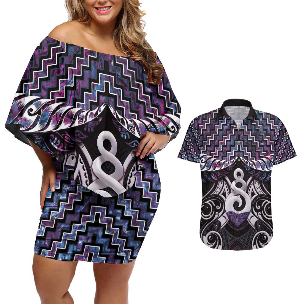 New Zealand Maori Couples Matching Off Shoulder Short Dress and Hawaiian Shirt Poutama Pikorua Purple Paua Shell