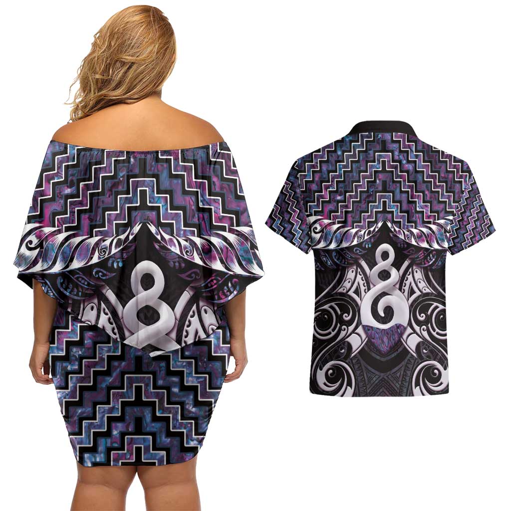 New Zealand Maori Couples Matching Off Shoulder Short Dress and Hawaiian Shirt Poutama Pikorua Purple Paua Shell