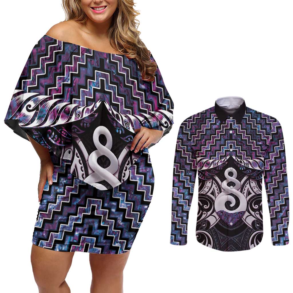 New Zealand Maori Couples Matching Off Shoulder Short Dress and Long Sleeve Button Shirt Poutama Pikorua Purple Paua Shell