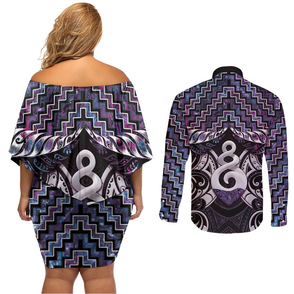 New Zealand Maori Couples Matching Off Shoulder Short Dress and Long Sleeve Button Shirt Poutama Pikorua Purple Paua Shell