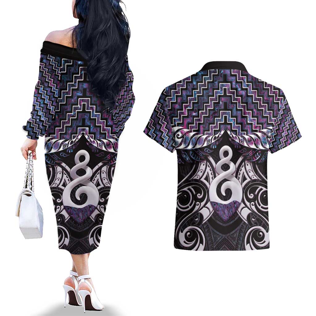 New Zealand Maori Couples Matching Off The Shoulder Long Sleeve Dress and Hawaiian Shirt Poutama Pikorua Purple Paua Shell