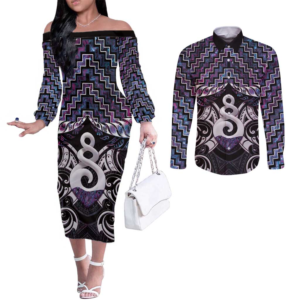 New Zealand Maori Couples Matching Off The Shoulder Long Sleeve Dress and Long Sleeve Button Shirt Poutama Pikorua Purple Paua Shell