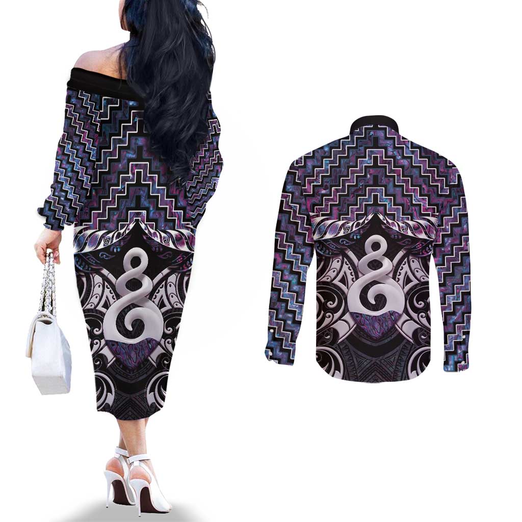 New Zealand Maori Couples Matching Off The Shoulder Long Sleeve Dress and Long Sleeve Button Shirt Poutama Pikorua Purple Paua Shell