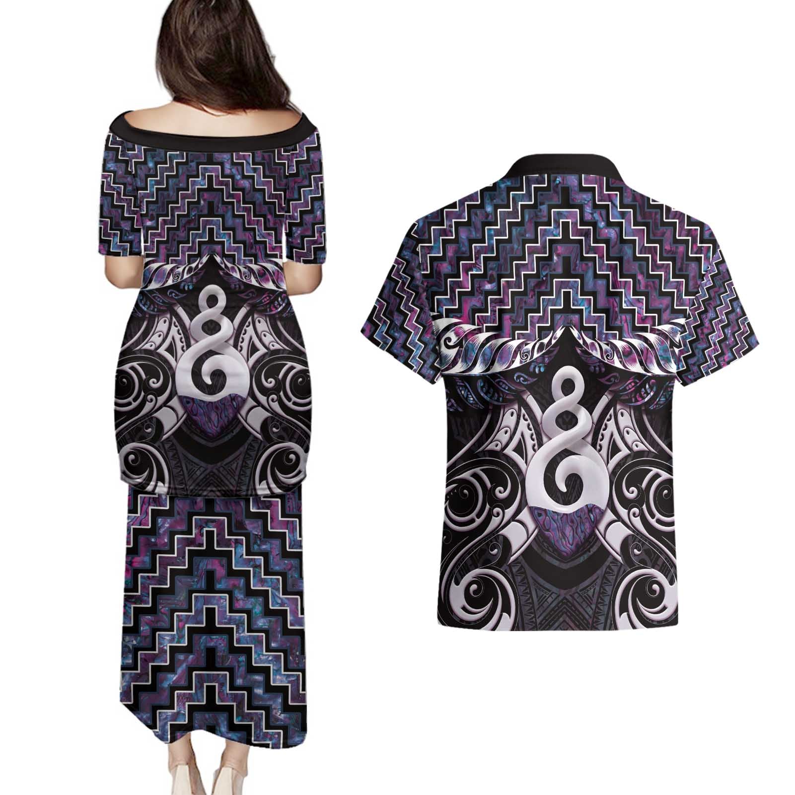 New Zealand Maori Couples Matching Puletasi and Hawaiian Shirt Poutama Pikorua Purple Paua Shell