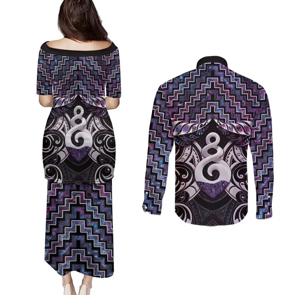 New Zealand Maori Couples Matching Puletasi and Long Sleeve Button Shirt Poutama Pikorua Purple Paua Shell