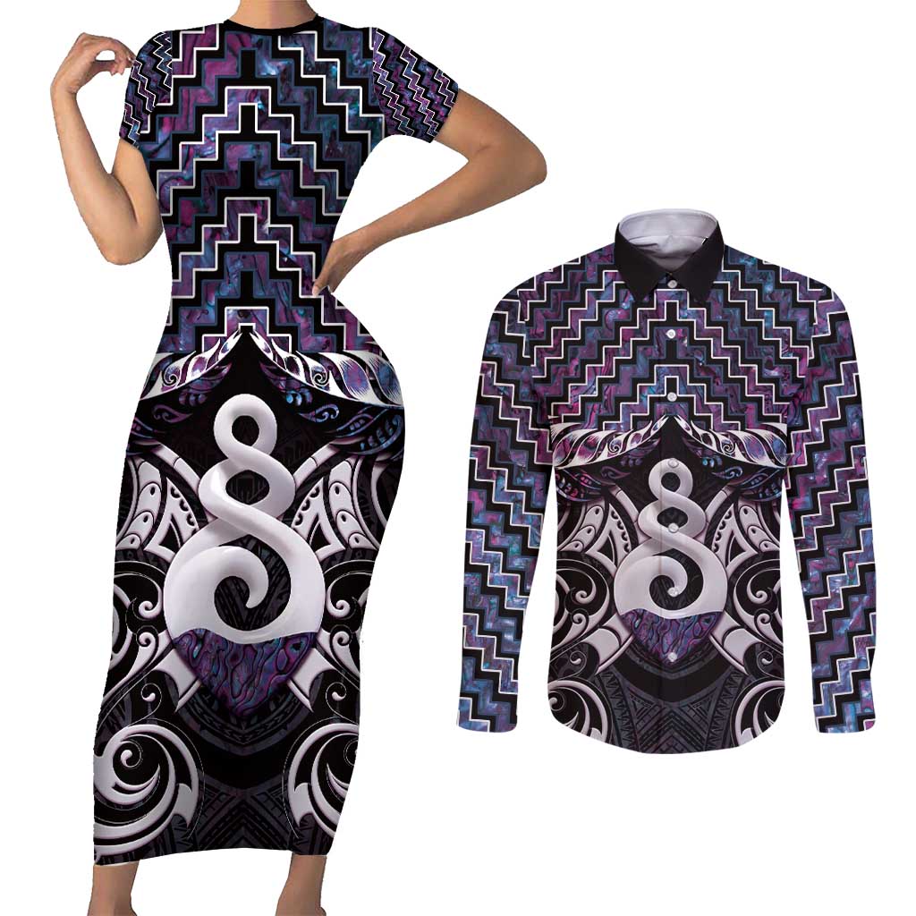 New Zealand Maori Couples Matching Short Sleeve Bodycon Dress and Long Sleeve Button Shirt Poutama Pikorua Purple Paua Shell