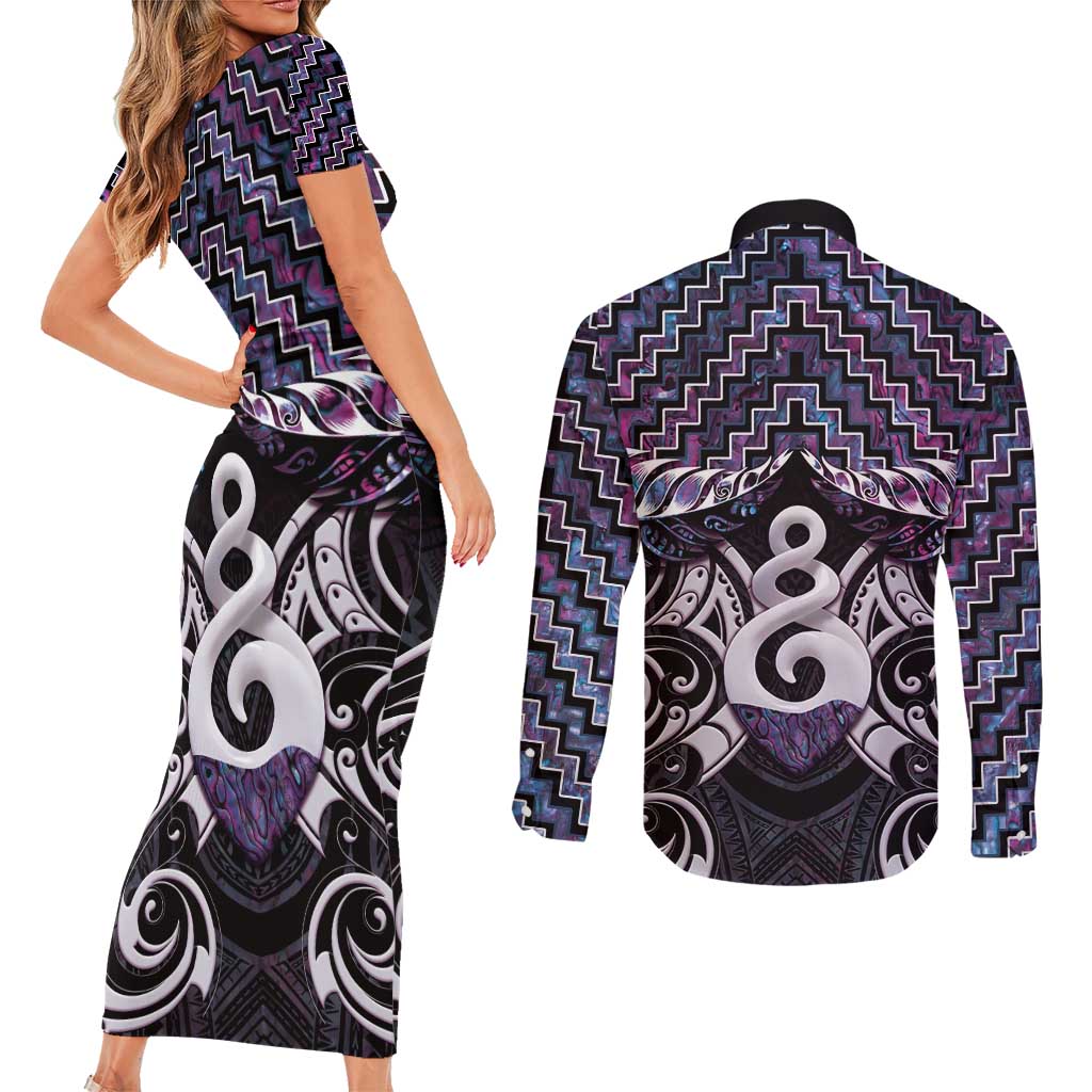 New Zealand Maori Couples Matching Short Sleeve Bodycon Dress and Long Sleeve Button Shirt Poutama Pikorua Purple Paua Shell