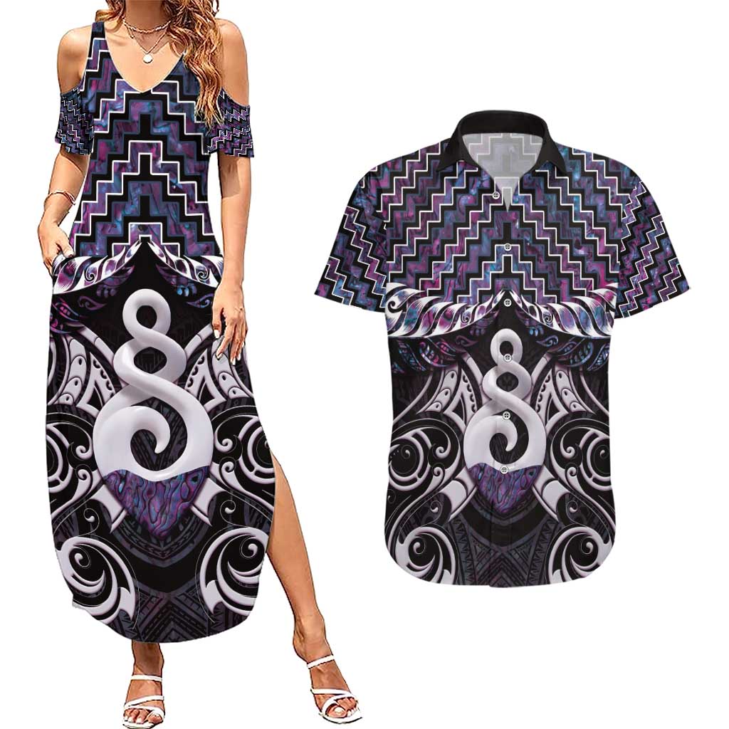 New Zealand Maori Couples Matching Summer Maxi Dress and Hawaiian Shirt Poutama Pikorua Purple Paua Shell