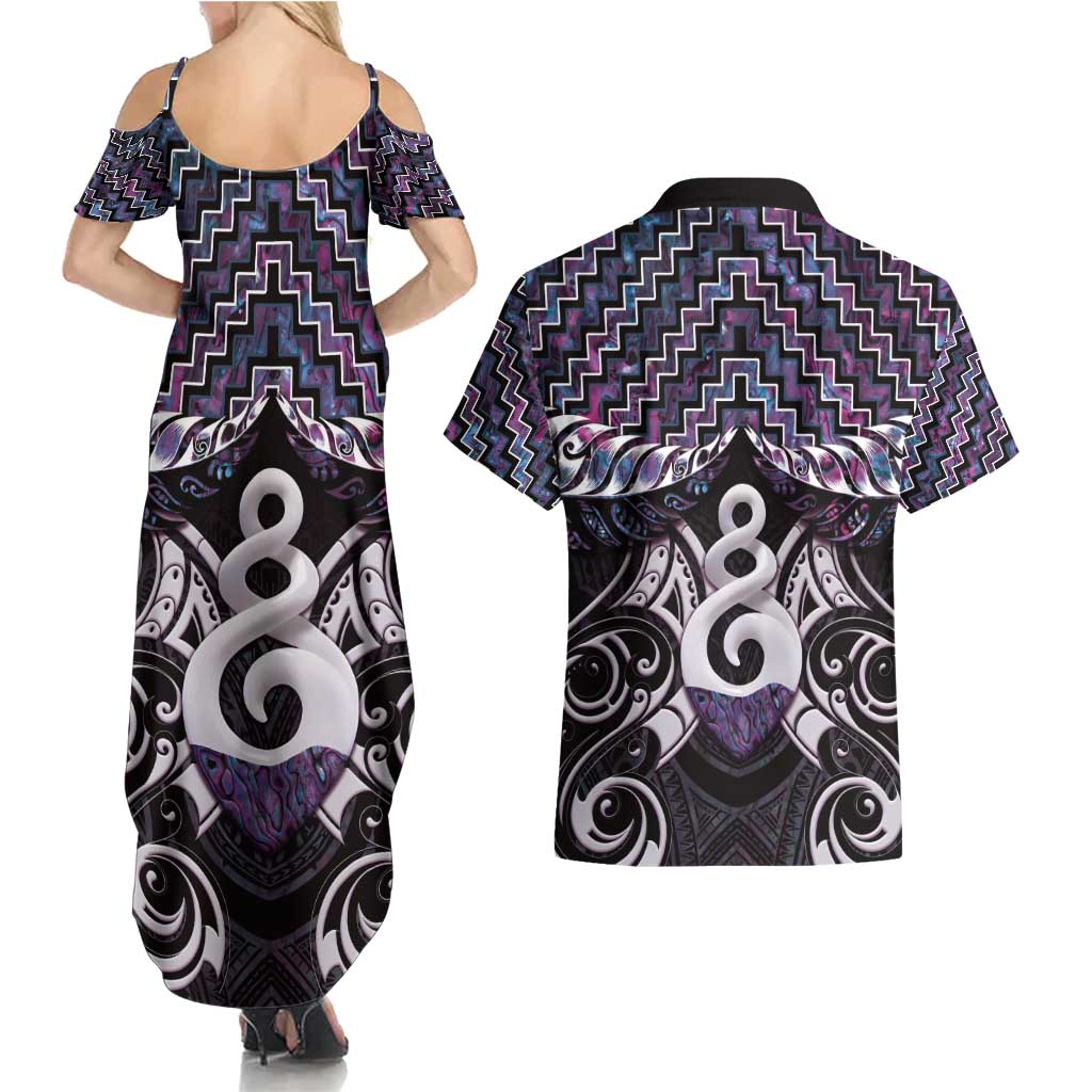 New Zealand Maori Couples Matching Summer Maxi Dress and Hawaiian Shirt Poutama Pikorua Purple Paua Shell