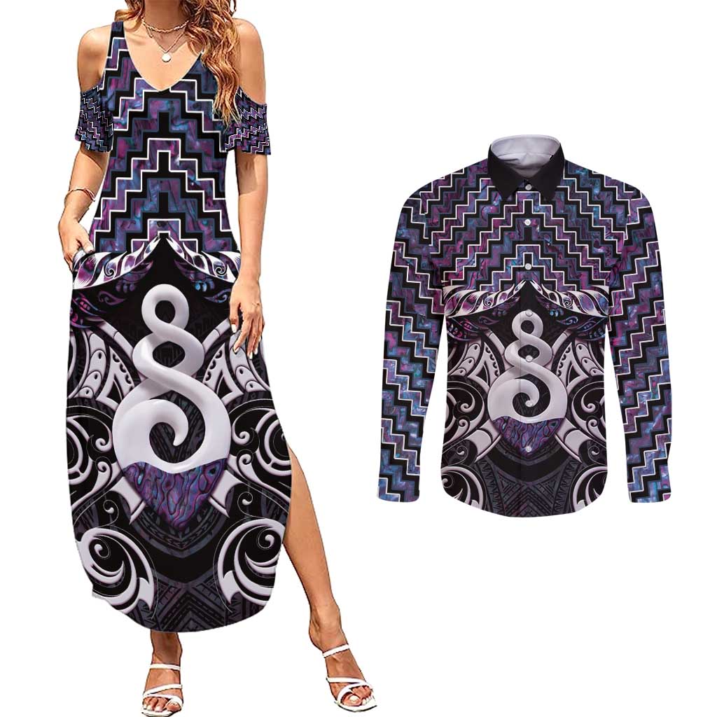 New Zealand Maori Couples Matching Summer Maxi Dress and Long Sleeve Button Shirt Poutama Pikorua Purple Paua Shell