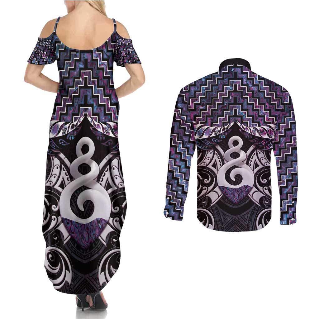 New Zealand Maori Couples Matching Summer Maxi Dress and Long Sleeve Button Shirt Poutama Pikorua Purple Paua Shell