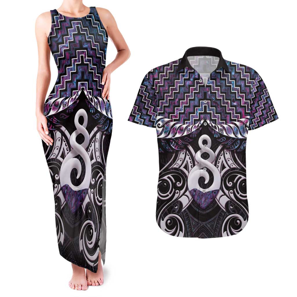 New Zealand Maori Couples Matching Tank Maxi Dress and Hawaiian Shirt Poutama Pikorua Purple Paua Shell