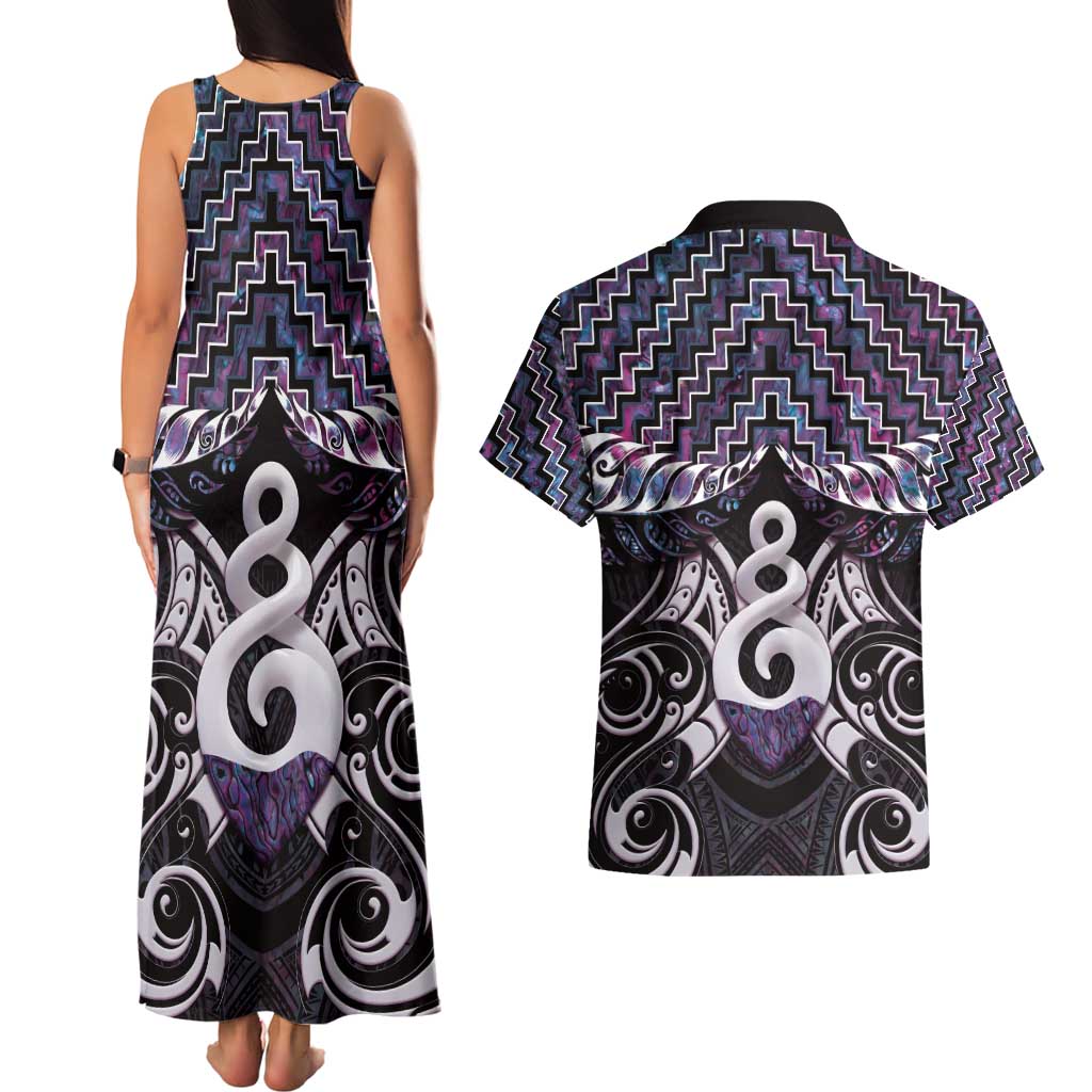 New Zealand Maori Couples Matching Tank Maxi Dress and Hawaiian Shirt Poutama Pikorua Purple Paua Shell