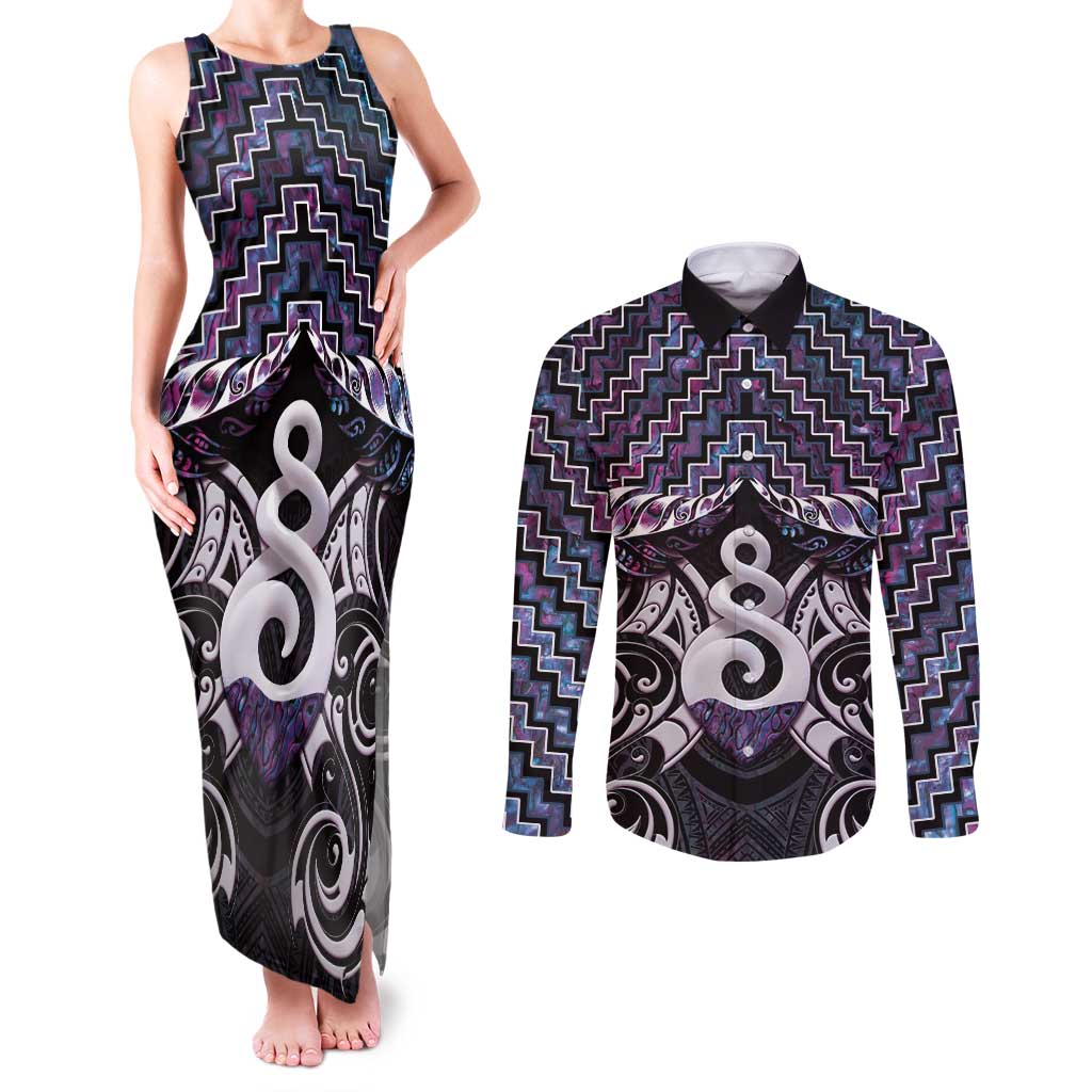 New Zealand Maori Couples Matching Tank Maxi Dress and Long Sleeve Button Shirt Poutama Pikorua Purple Paua Shell