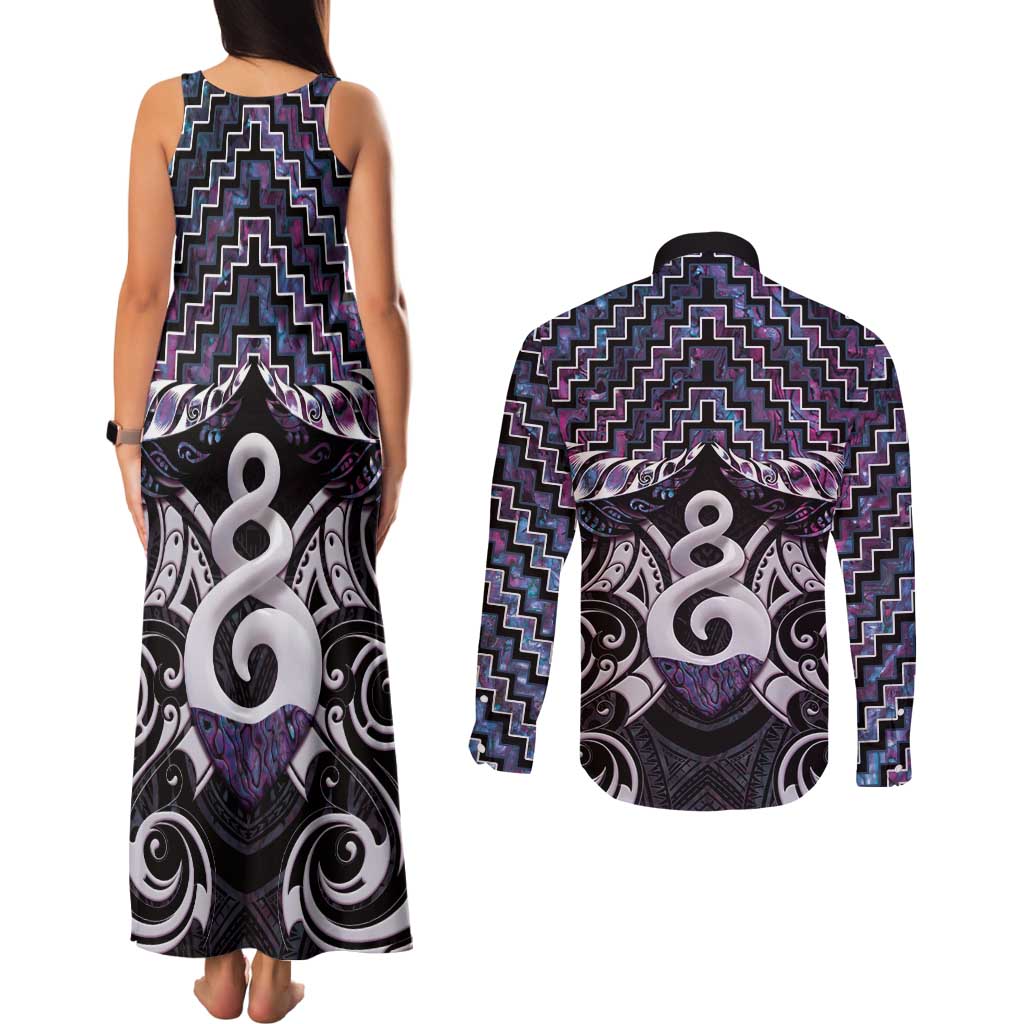 New Zealand Maori Couples Matching Tank Maxi Dress and Long Sleeve Button Shirt Poutama Pikorua Purple Paua Shell