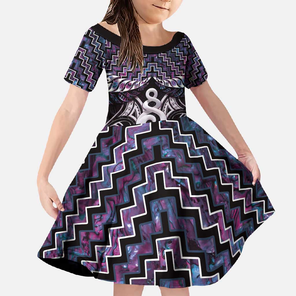 New Zealand Maori Family Matching Long Sleeve Bodycon Dress and Hawaiian Shirt Poutama Pikorua Purple Paua Shell