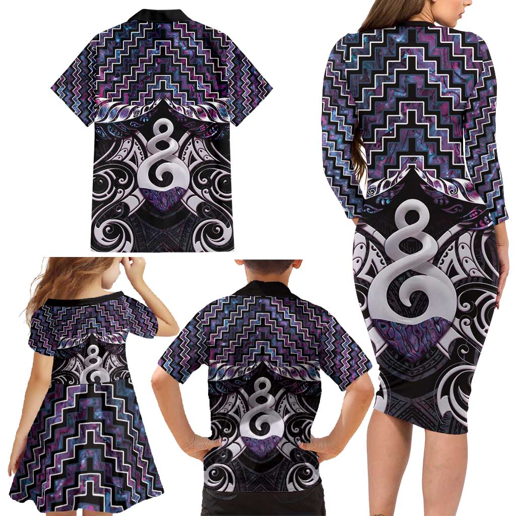 New Zealand Maori Family Matching Long Sleeve Bodycon Dress and Hawaiian Shirt Poutama Pikorua Purple Paua Shell