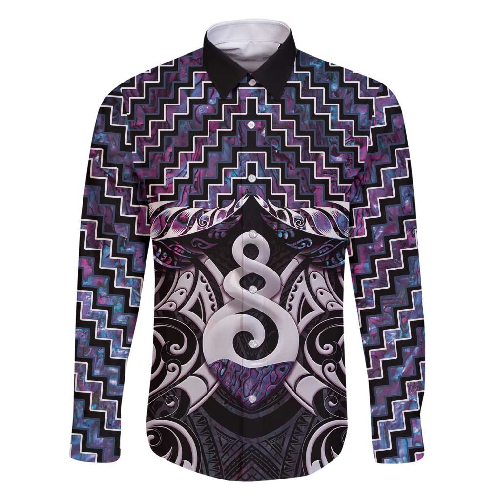 New Zealand Maori Family Matching Long Sleeve Bodycon Dress and Hawaiian Shirt Poutama Pikorua Purple Paua Shell