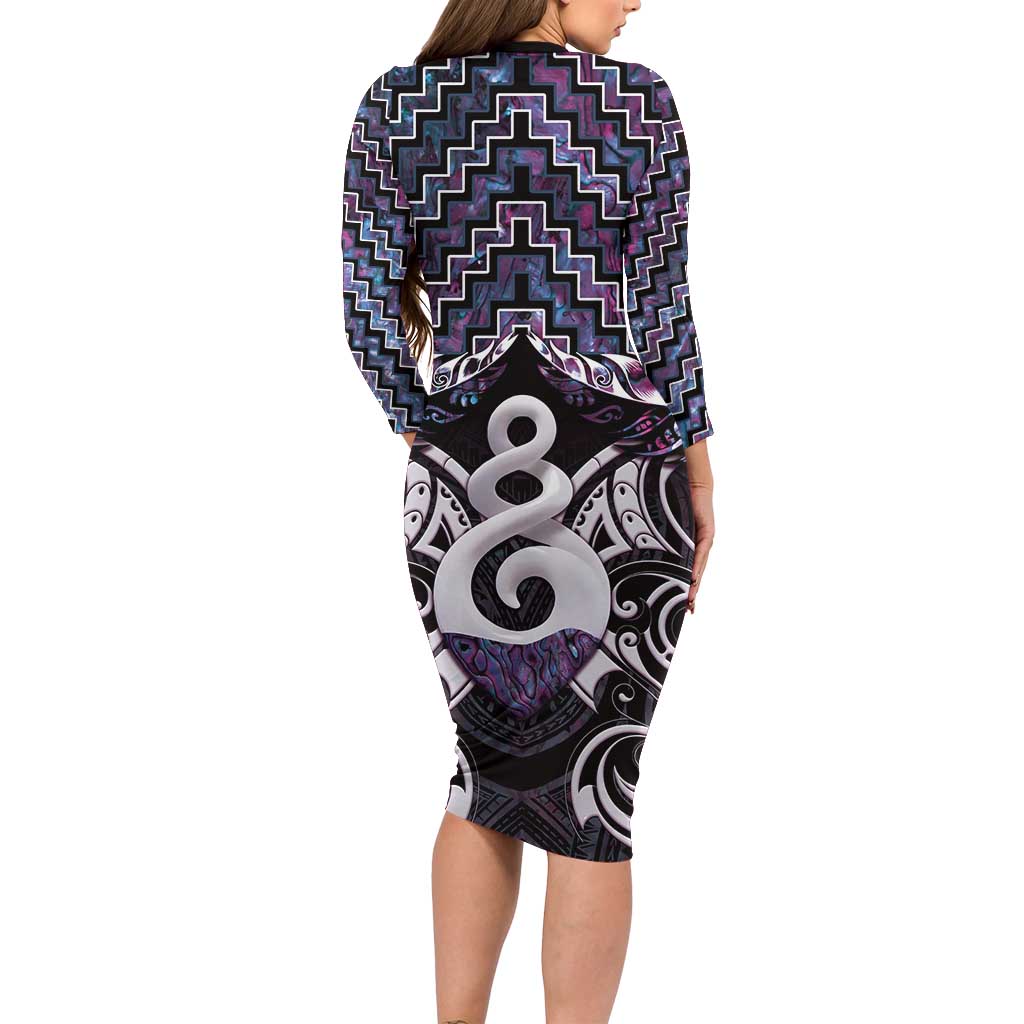 New Zealand Maori Family Matching Long Sleeve Bodycon Dress and Hawaiian Shirt Poutama Pikorua Purple Paua Shell