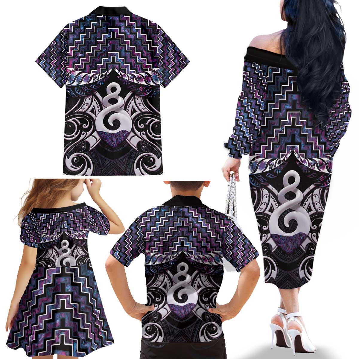 New Zealand Maori Family Matching Off The Shoulder Long Sleeve Dress and Hawaiian Shirt Poutama Pikorua Purple Paua Shell