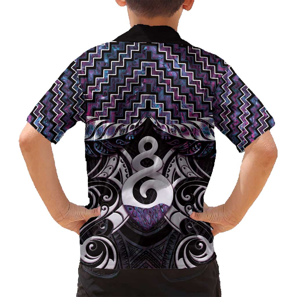 New Zealand Maori Family Matching Off Shoulder Short Dress and Hawaiian Shirt Poutama Pikorua Purple Paua Shell