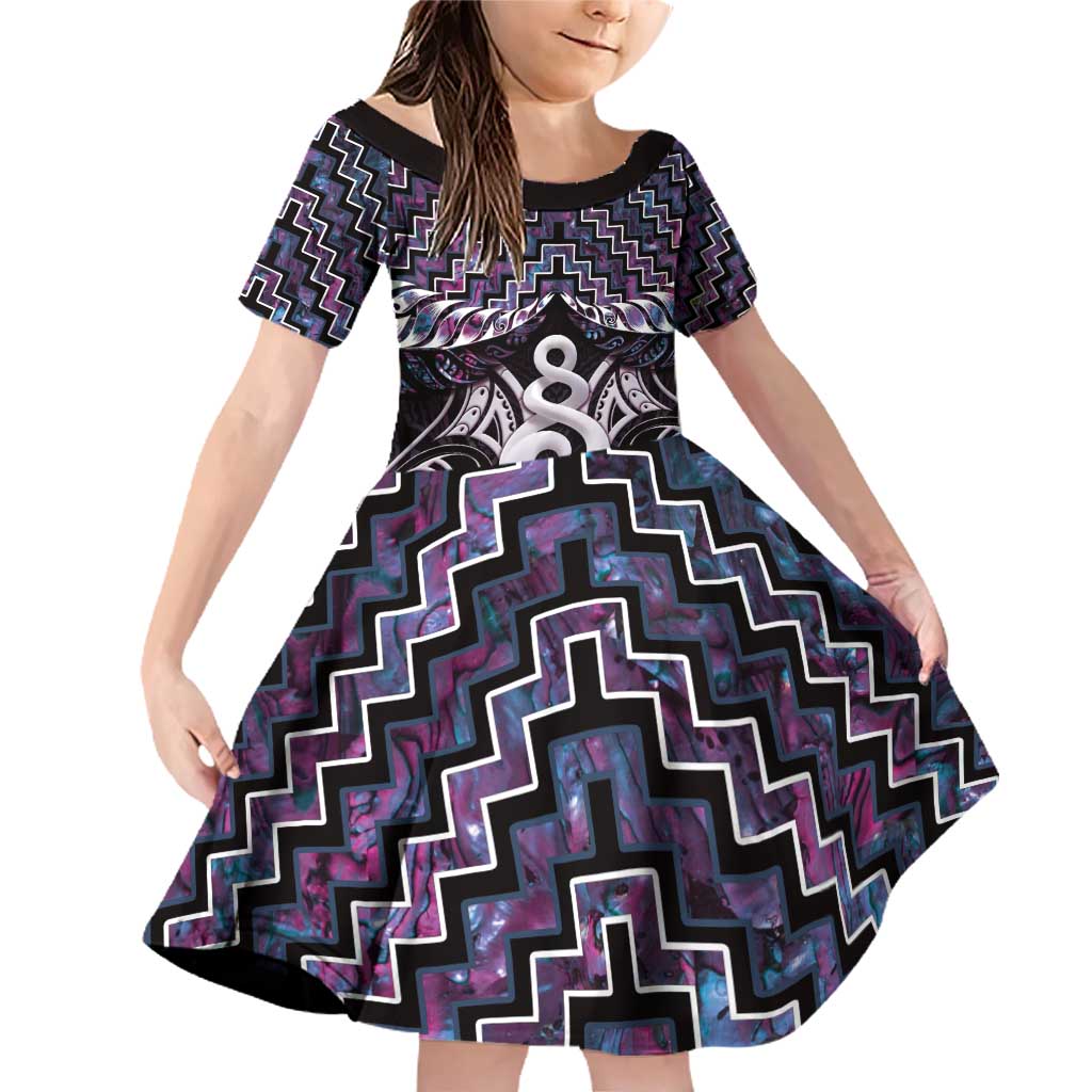 New Zealand Maori Family Matching Off Shoulder Short Dress and Hawaiian Shirt Poutama Pikorua Purple Paua Shell