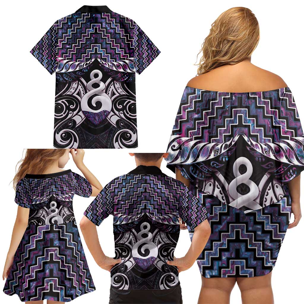 New Zealand Maori Family Matching Off Shoulder Short Dress and Hawaiian Shirt Poutama Pikorua Purple Paua Shell