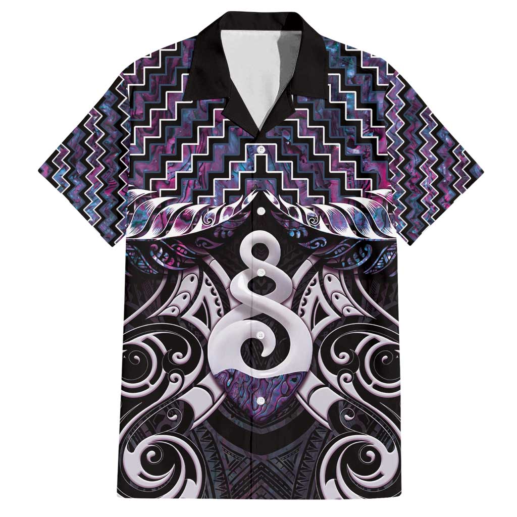 New Zealand Maori Family Matching Off Shoulder Short Dress and Hawaiian Shirt Poutama Pikorua Purple Paua Shell