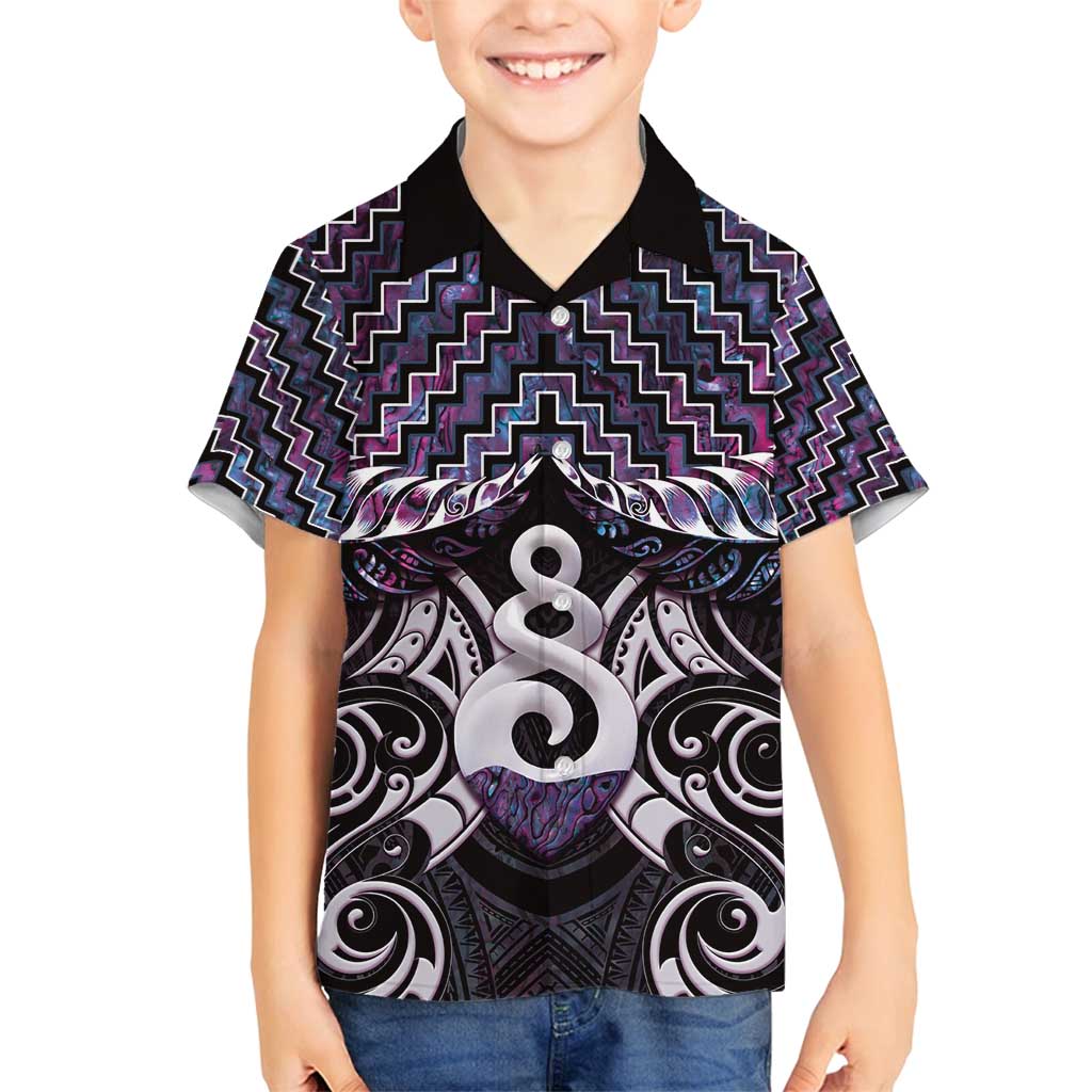 New Zealand Maori Family Matching Off Shoulder Short Dress and Hawaiian Shirt Poutama Pikorua Purple Paua Shell